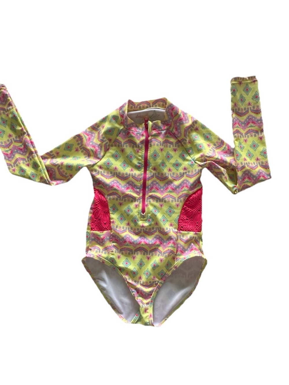Girls' Long Sleeve Rashguard Swimsuit in Yellow with Pink Accents
